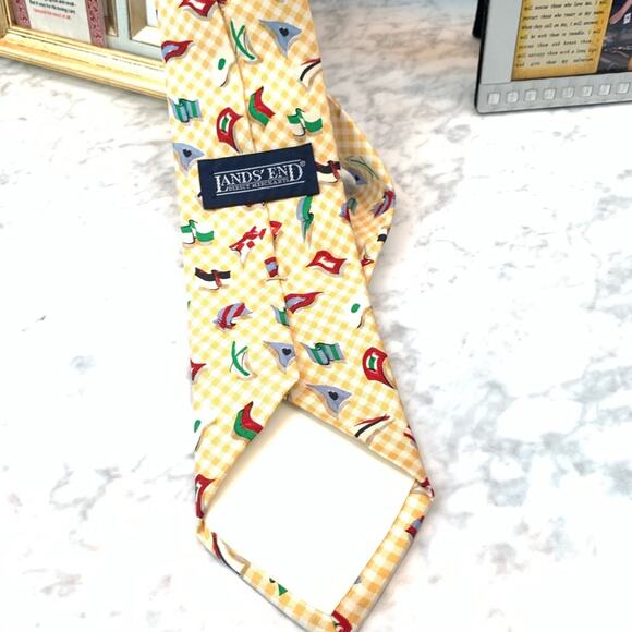 Lands End Long Silk Yellow White Checker Neck Tie - Picture 3 of 5